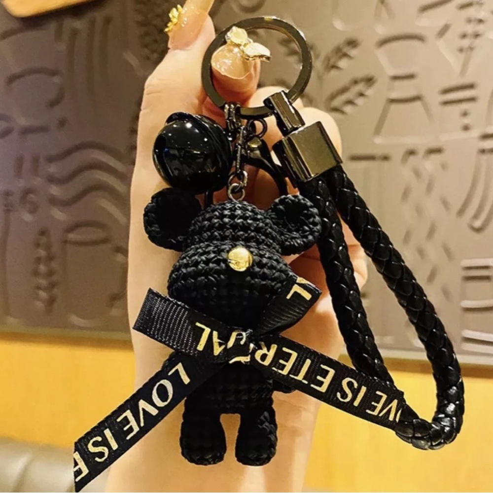 Cute & Charming Black Teddy Bear With A Bow & Bell Keychain